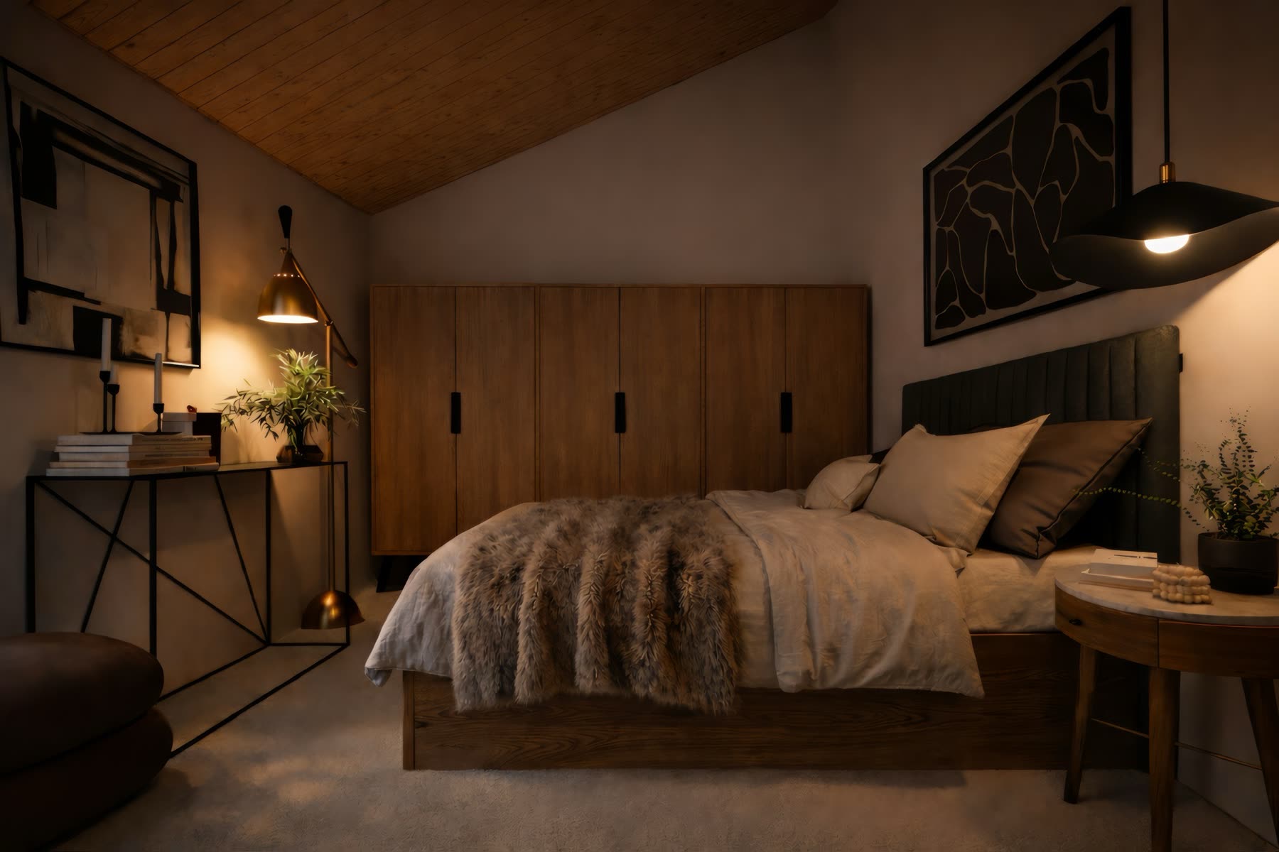 La chambre en soirée, lampadaire laiton allumé