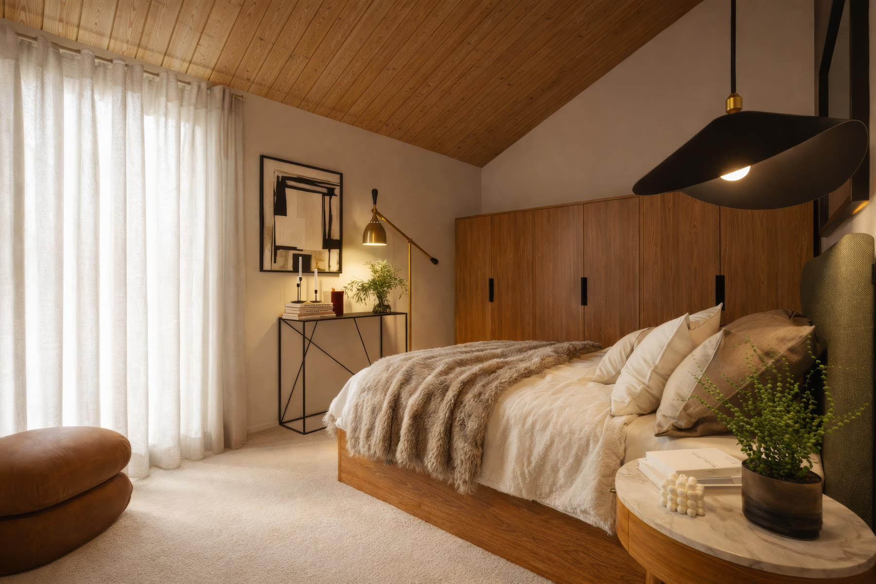 Chambre côté fenêtre en journée, voilages lin