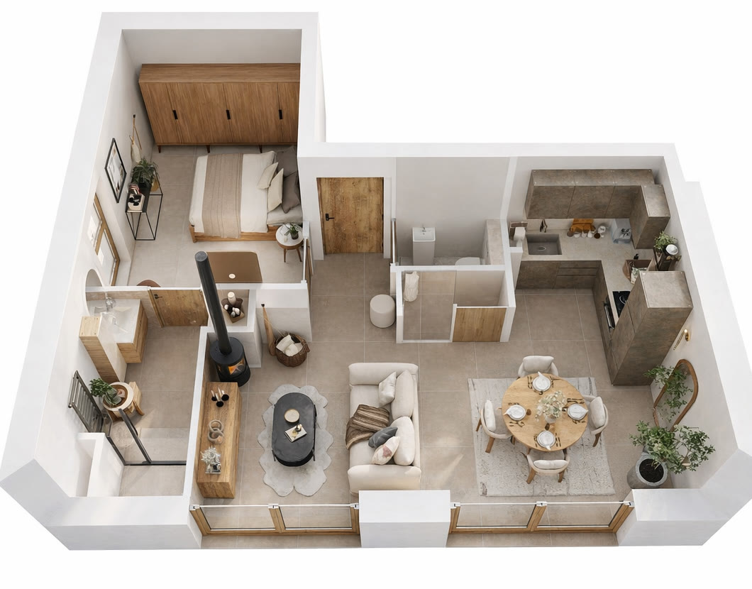 Plan 3D en vue aérienne du logement 302 : séjour avec poêle, coin repas, cuisine en L, chambre, salle d'eau et WC
