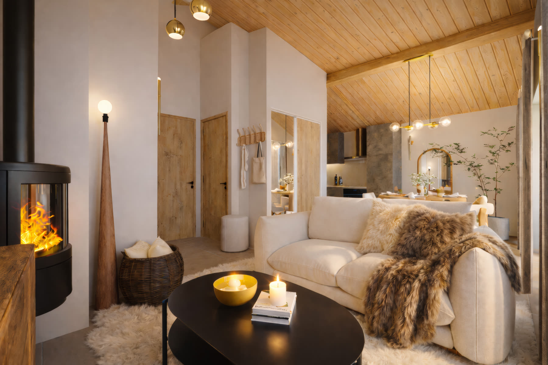 Salon en journée, poêle à bois et canapé crème
