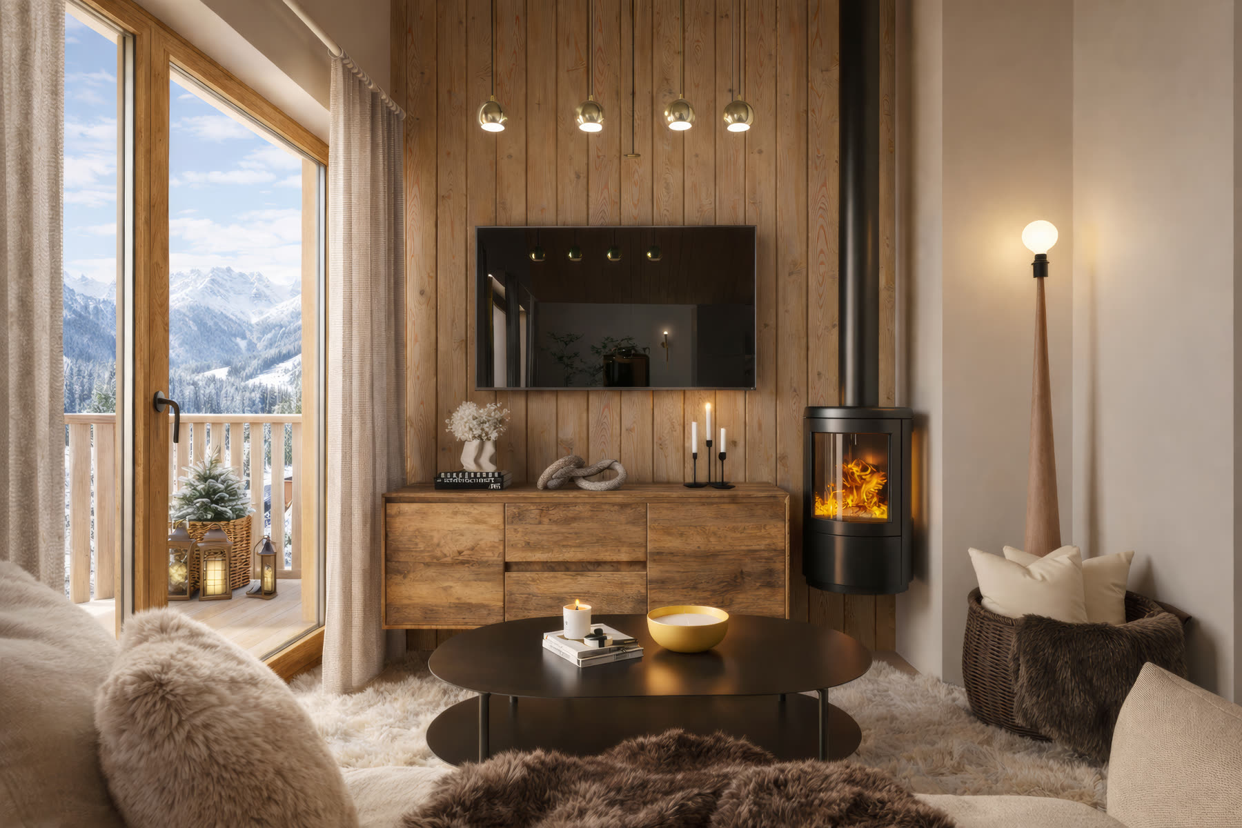 Le même salon en journée, balcon et montagnes ensoleillées