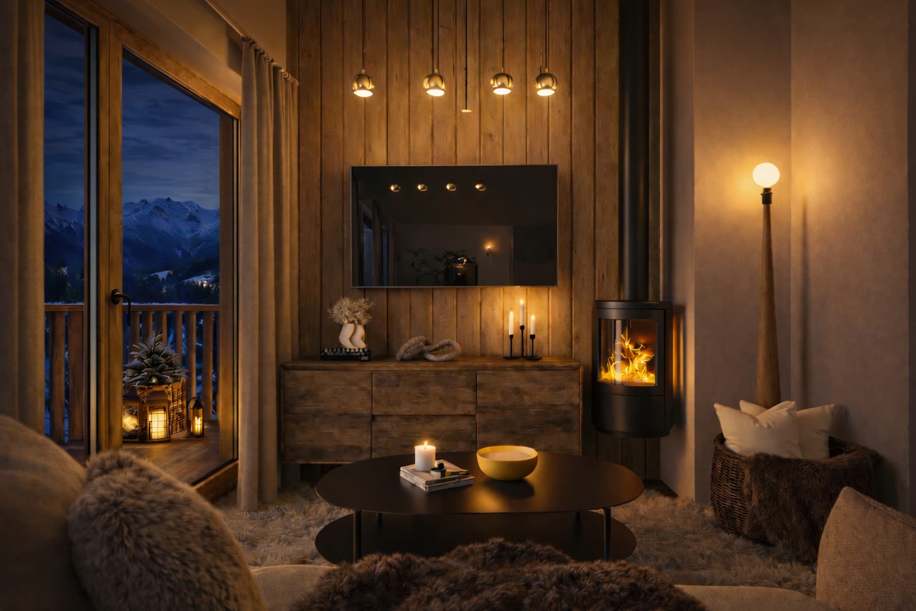 Salon de chalet à la nuit tombée : poêle à bois allumé, mur en planches de vieux bois, balcon ouvert sur les montagnes enneigées