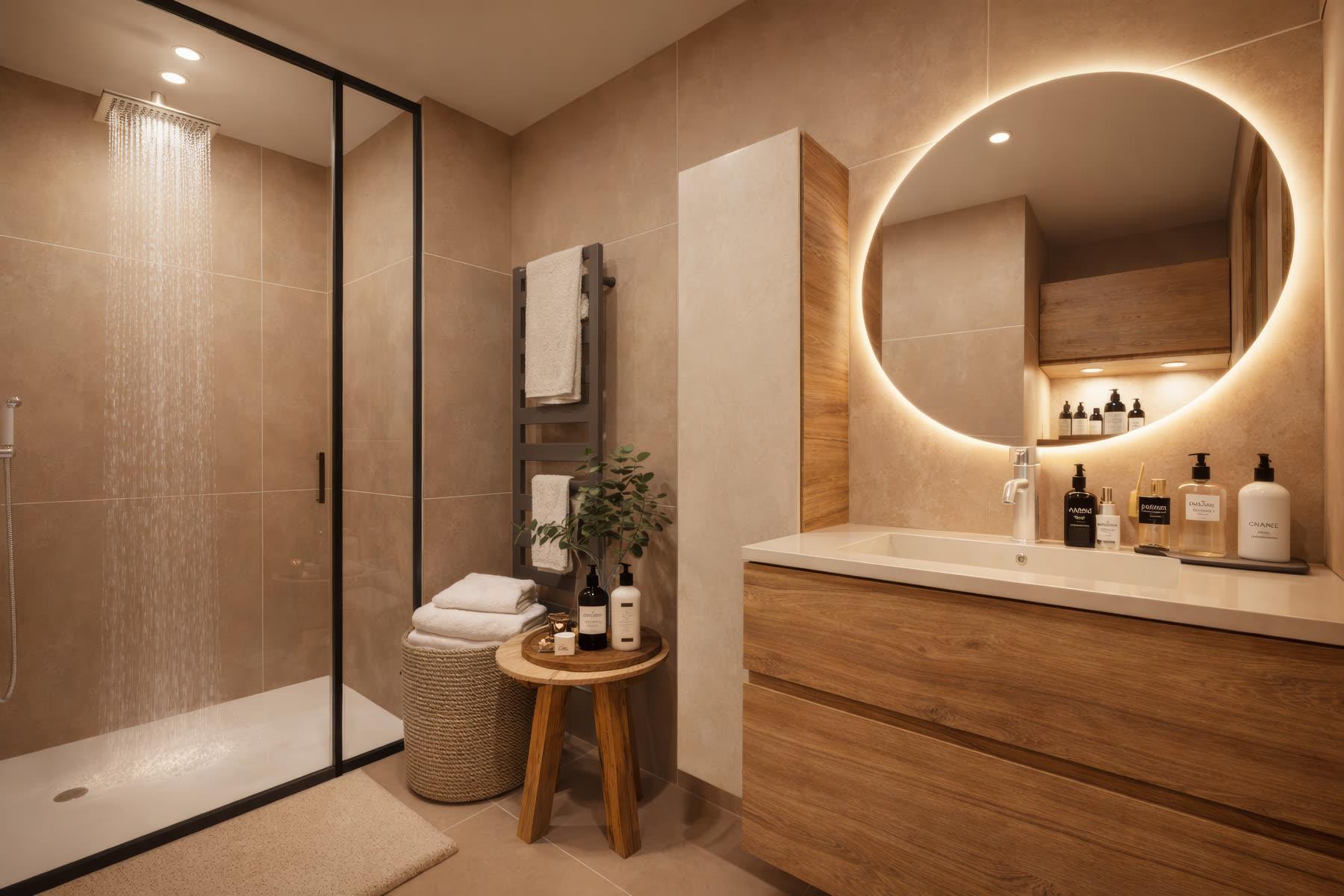 Salle d'eau avec douche à l'italienne, meuble vasque bois et miroir ovale rétroéclairé
