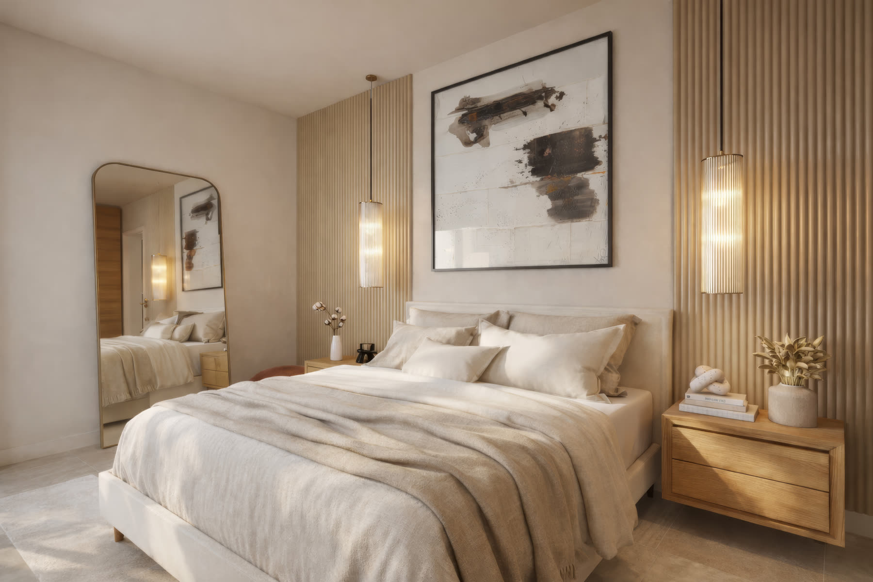 La même chambre de trois quarts avec miroir arrondi en laiton