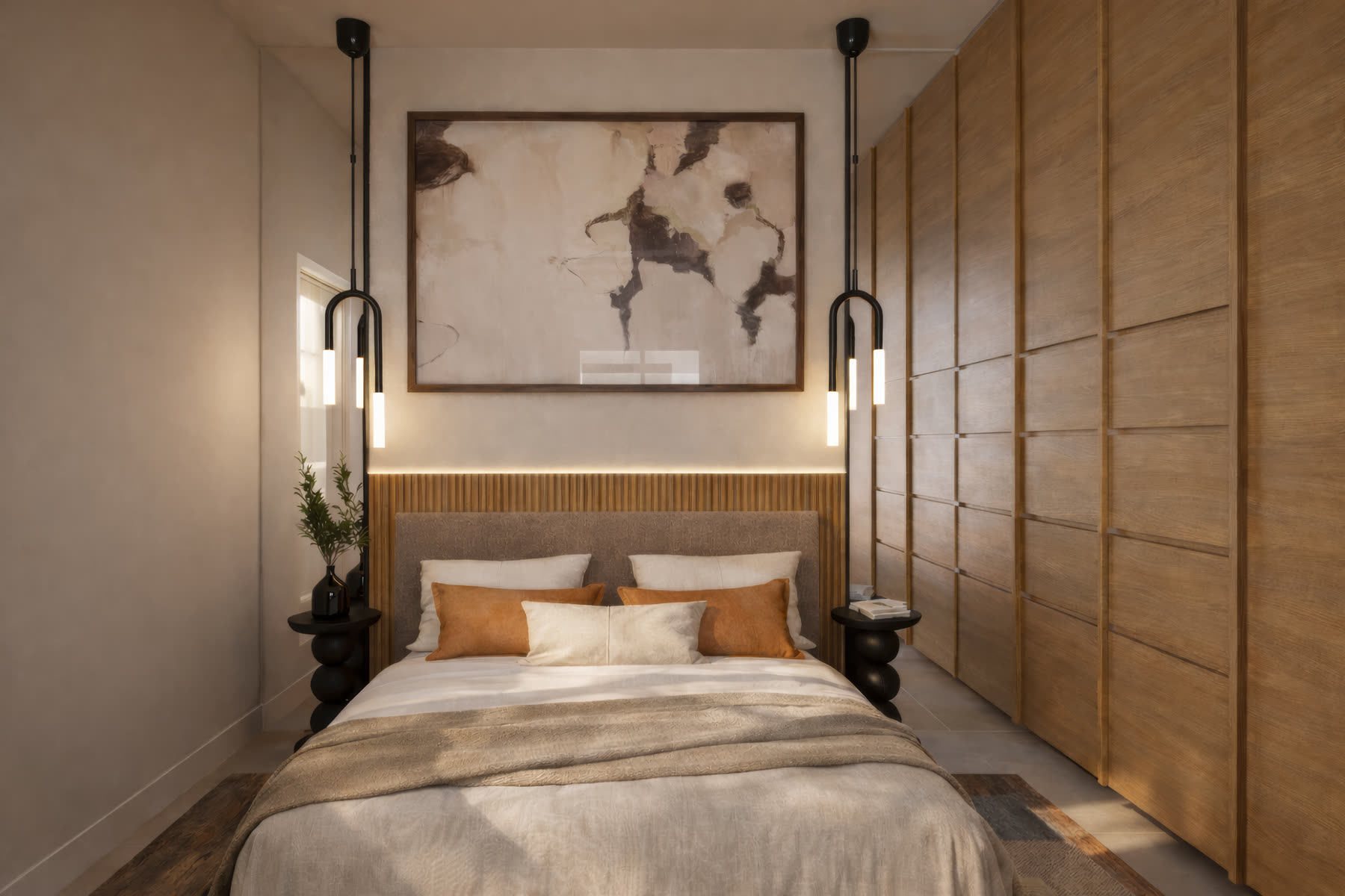 Chambre étroite avec dressing bois toute hauteur et suspensions noires
