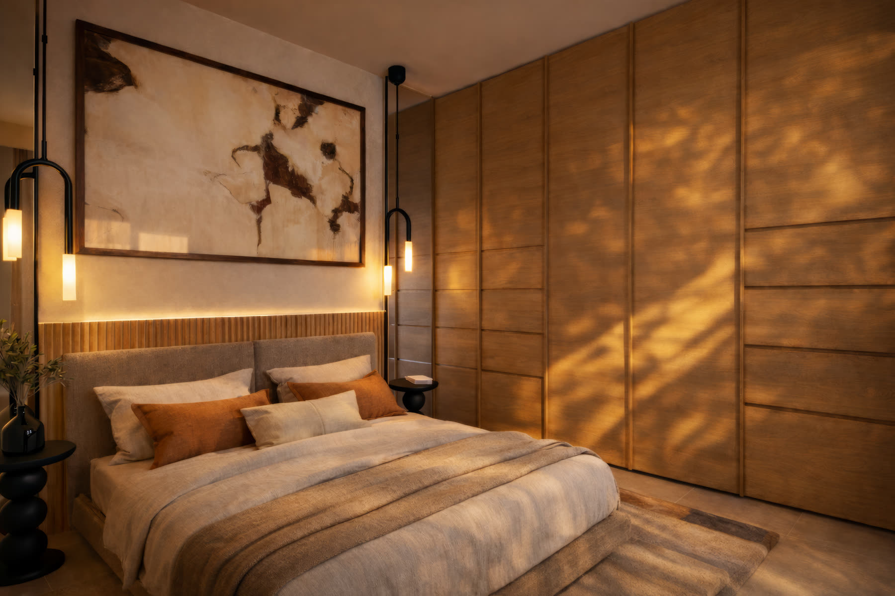 La même chambre en soirée, éclairage chaud