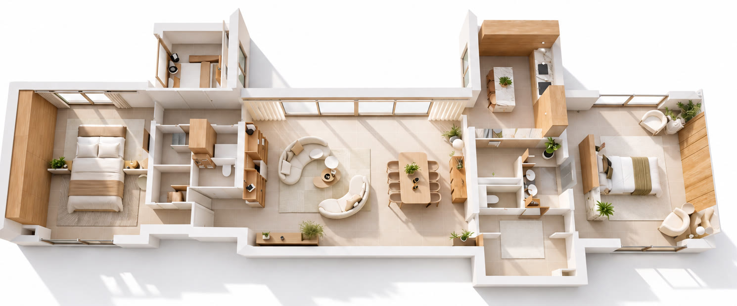 Plan 3D en vue aérienne du T5 (lot A1) meublé : séjour traversant, cuisine avec îlot, chambres aux extrémités et salles d'eau