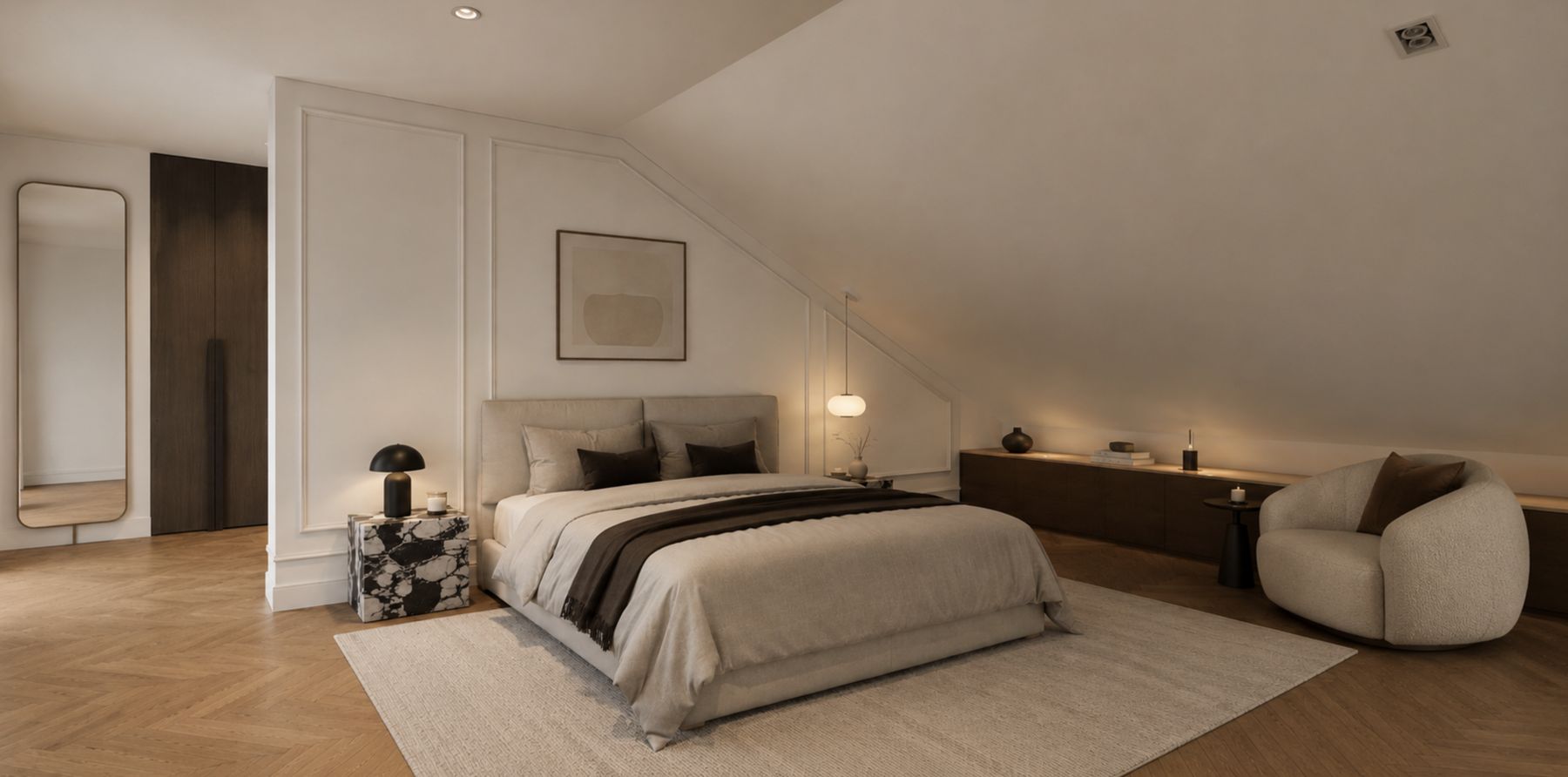 Chambre en soirée, moulures, chevet en marbre et fauteuil bouclette