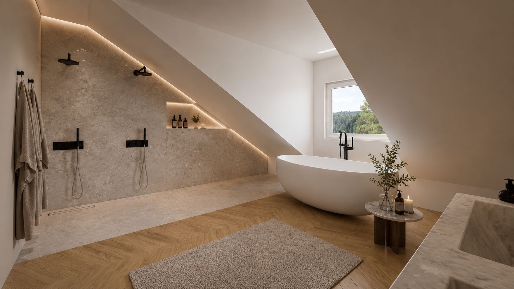 Douche double sous le rampant, mur en pierre éclairé