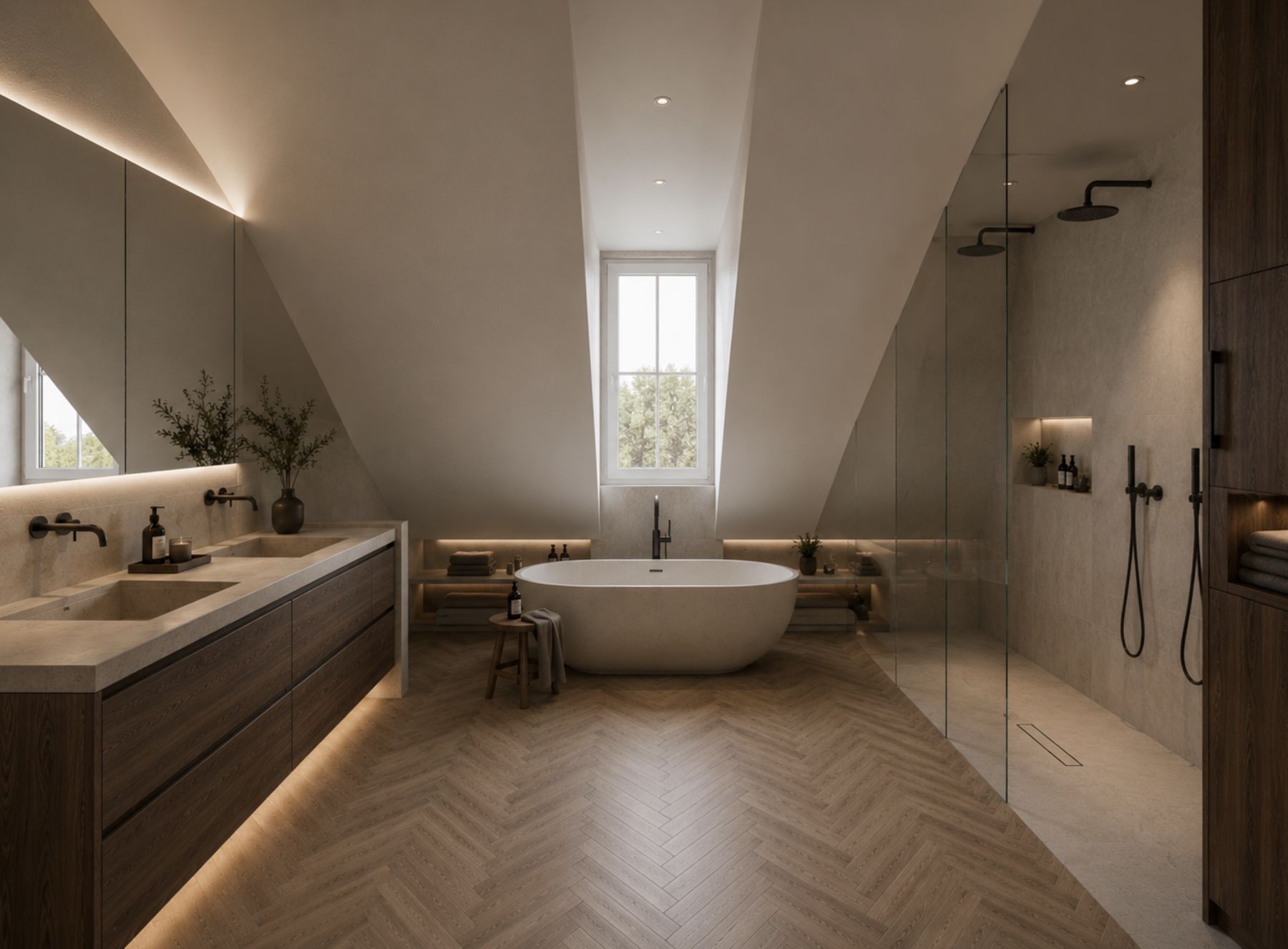 Salle de bain sous combles : baignoire îlot sous la lucarne, double vasque en pierre et douche à l'italienne