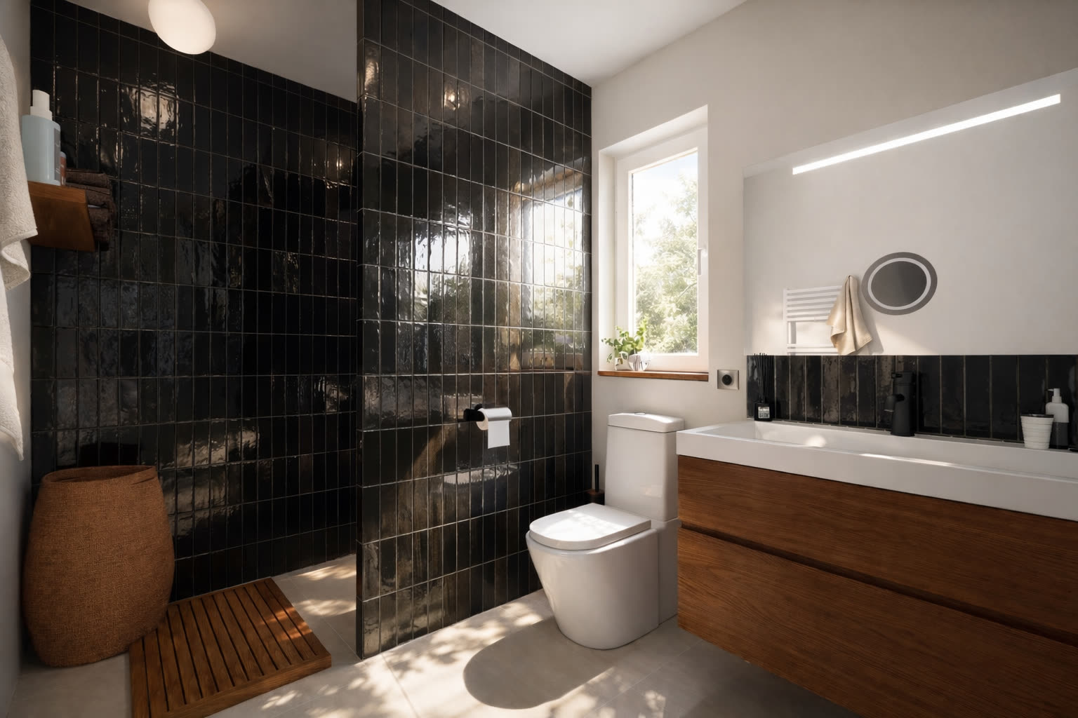 Salle d'eau, zellige noir brillant, meuble noyer et fenêtre sur jardin