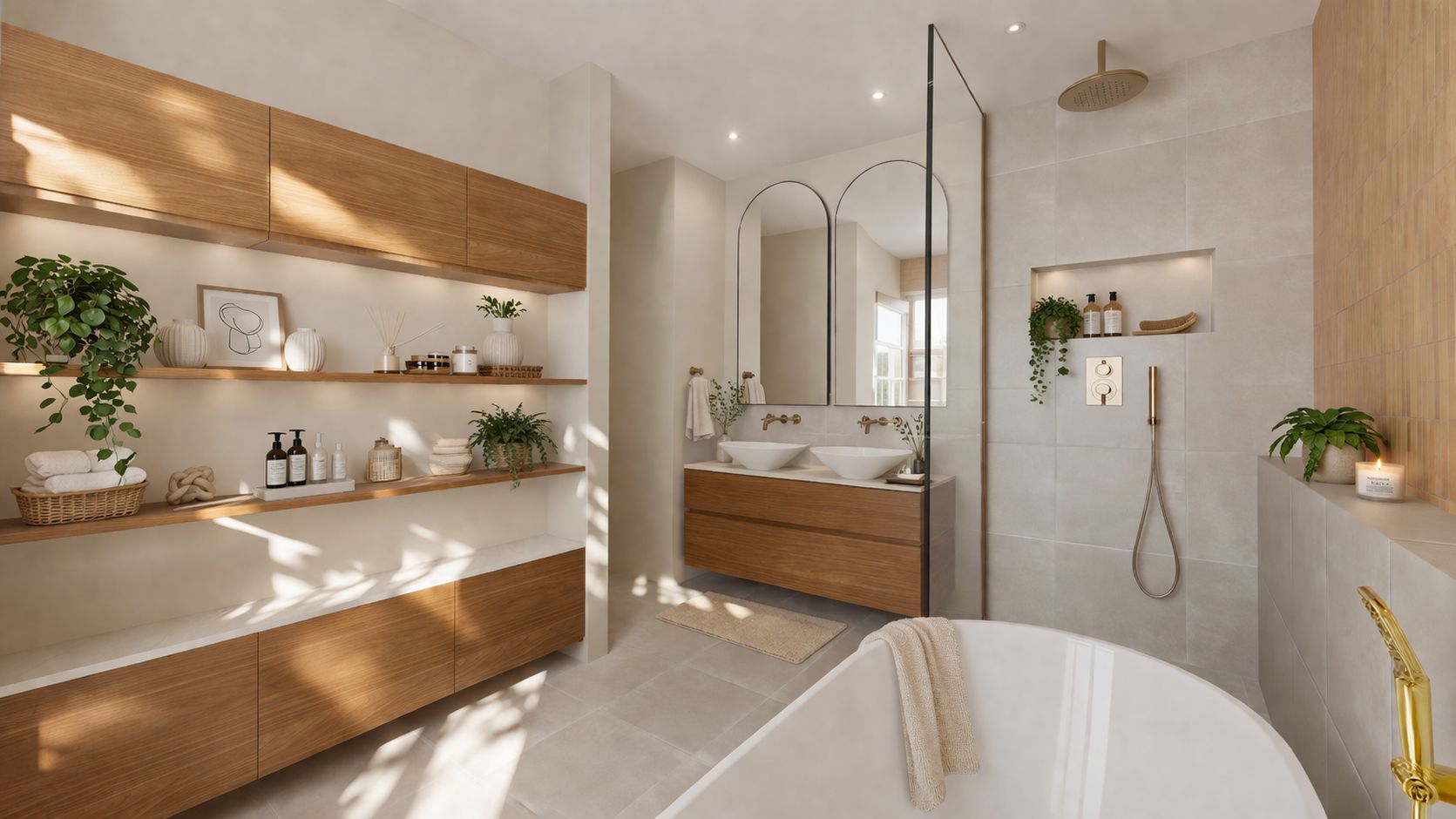 Version avec mur de rangements et étagères bois