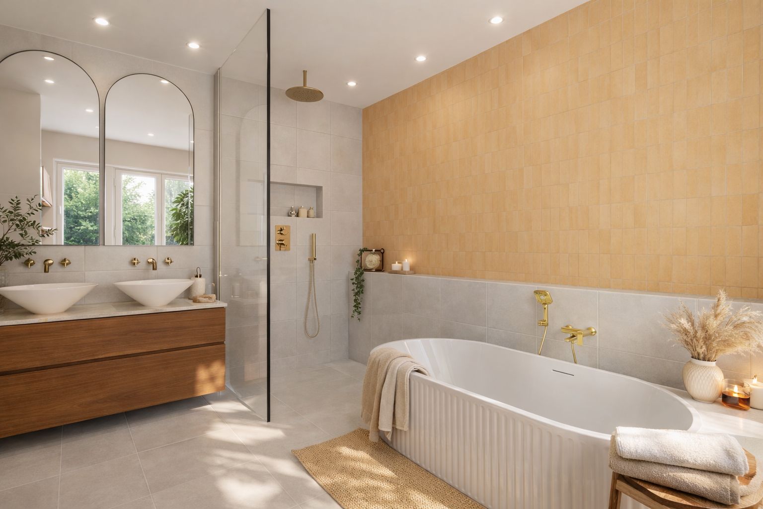 Salle de bain avec baignoire îlot cannelée, douche à l'italienne et double vasque