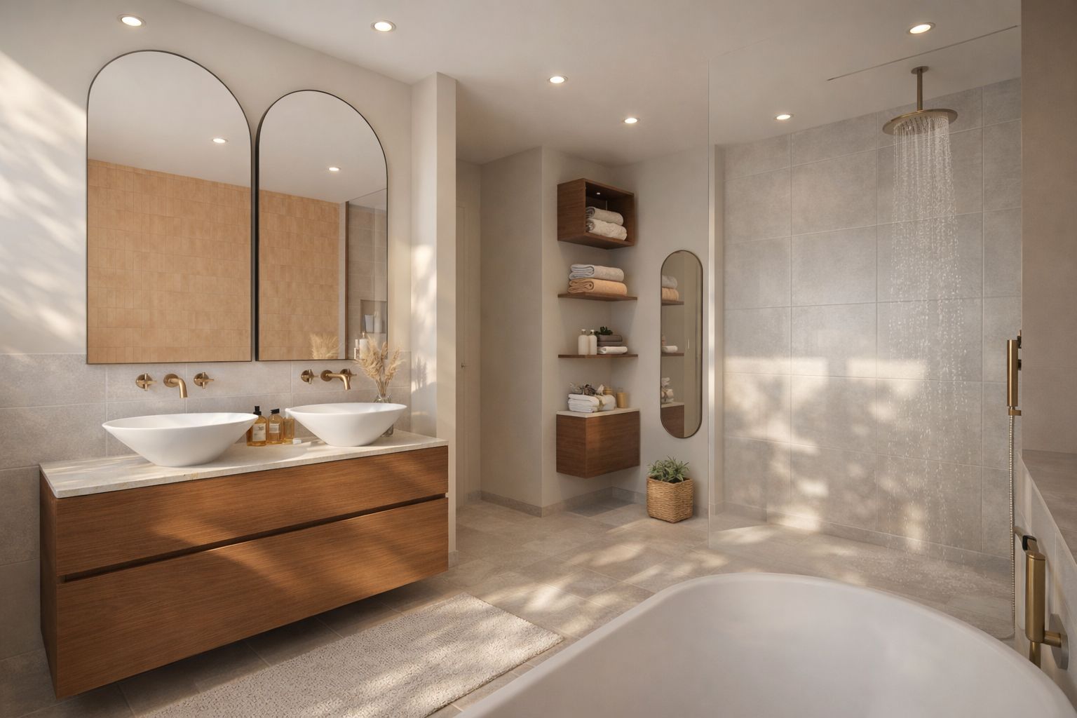 Double vasque, miroirs arche et douche