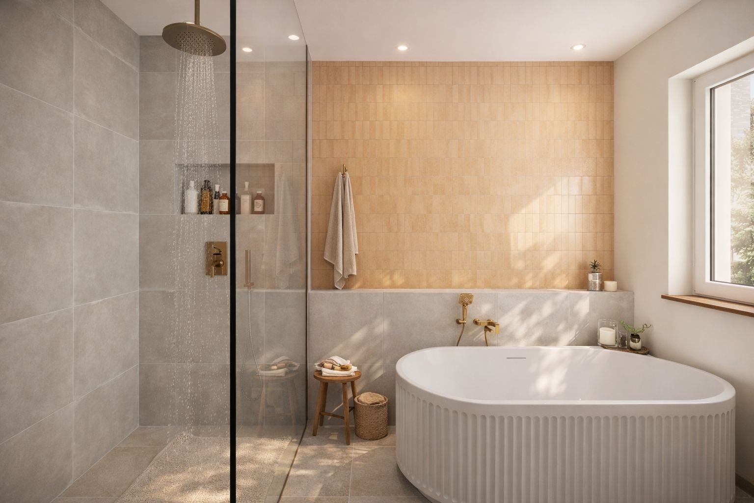 Douche à l'italienne et baignoire face à la fenêtre