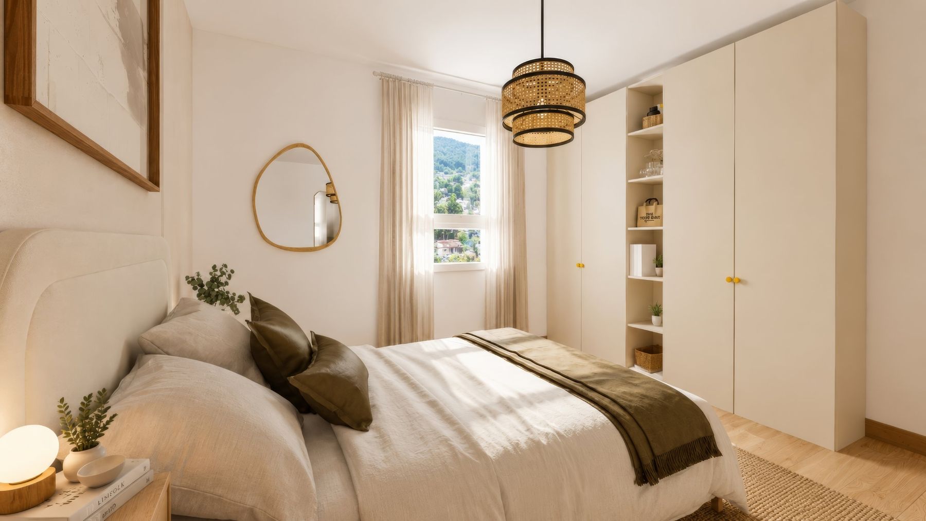 Chambre, linge vert olive et placards