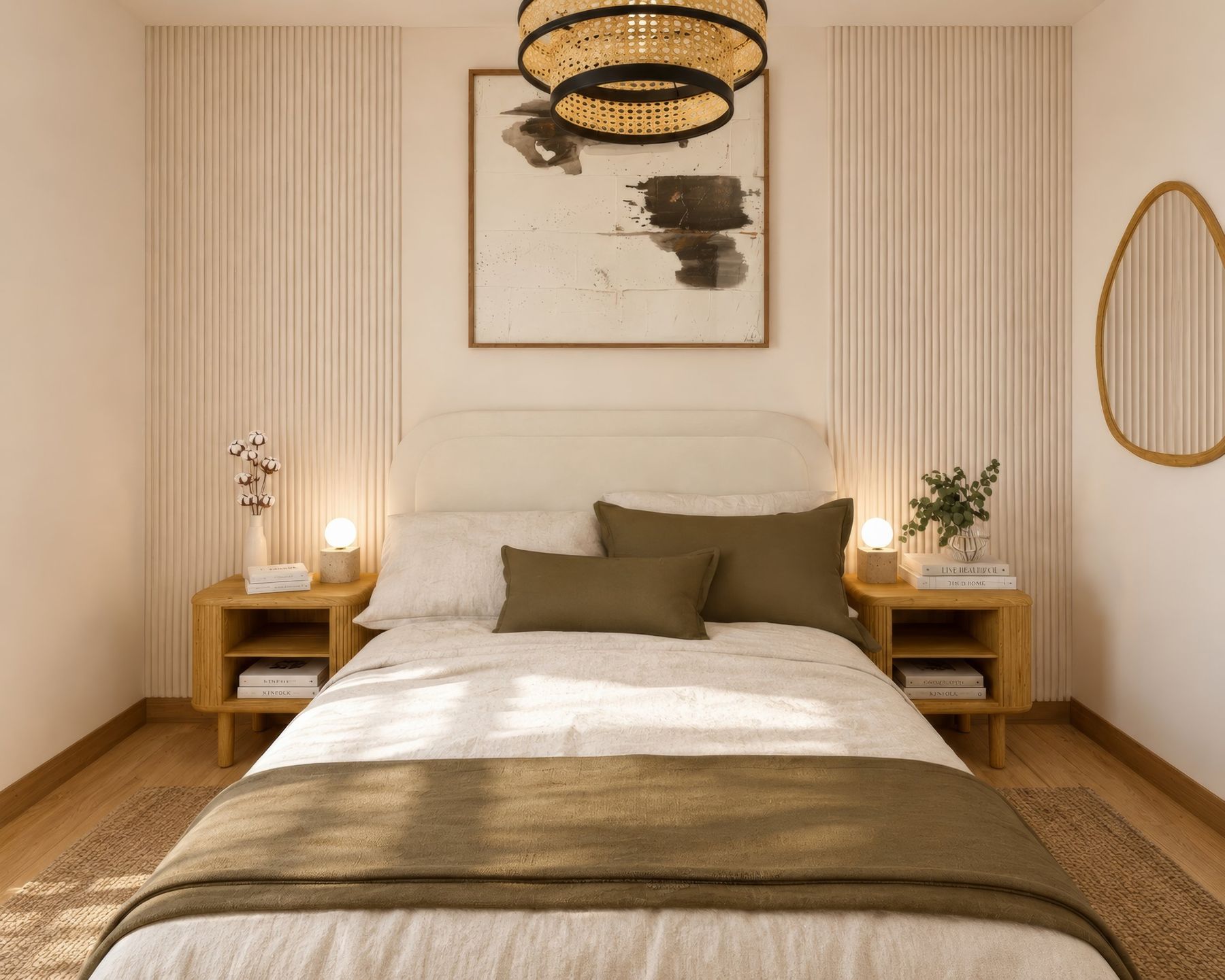 Chambre de face, tête de lit et suspension rotin