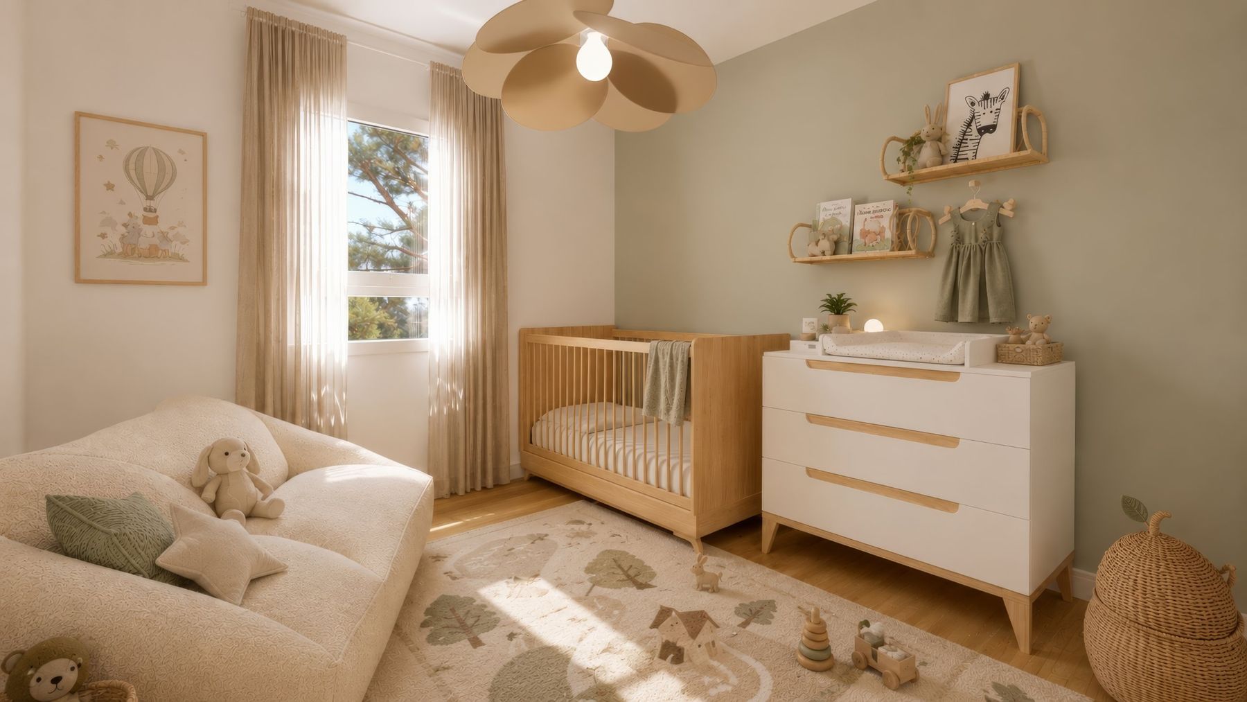 Chambre de bébé, commode et fauteuil