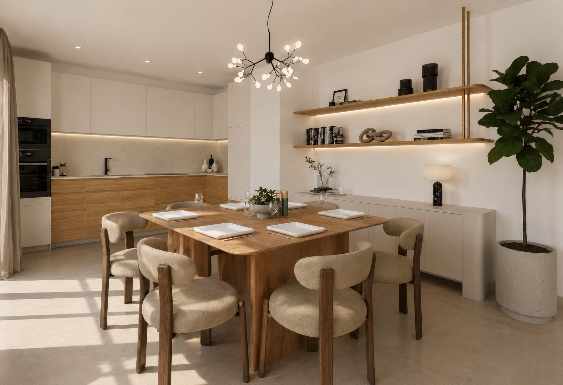 Table en bois et cuisine claire