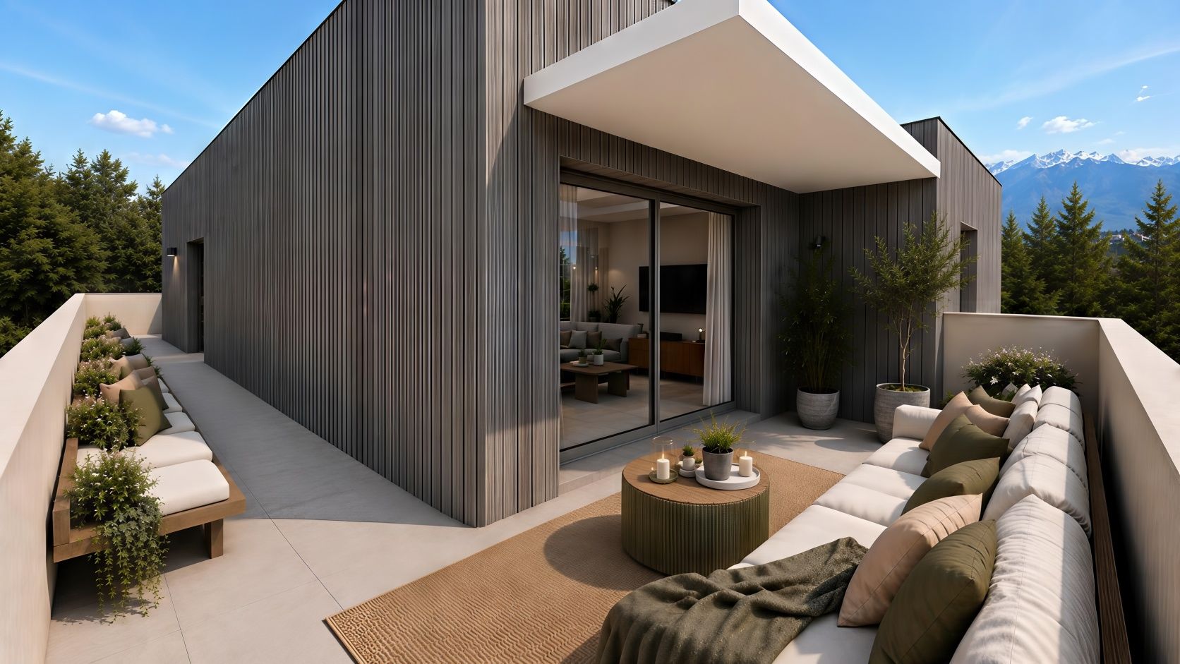 Terrasse en bardage bois, salon extérieur et sommets enneigés