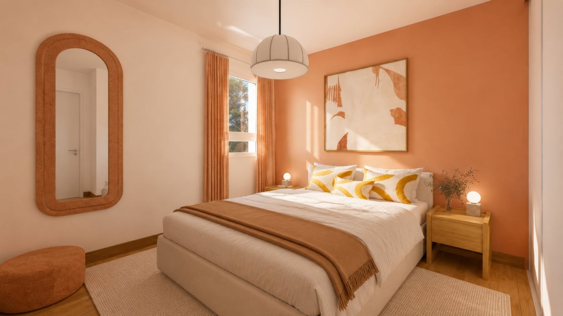 Chambre terracotta, miroir rotin