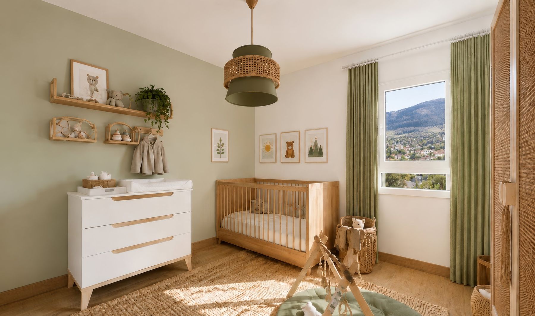 Chambre de bébé vert sauge et vue montagne