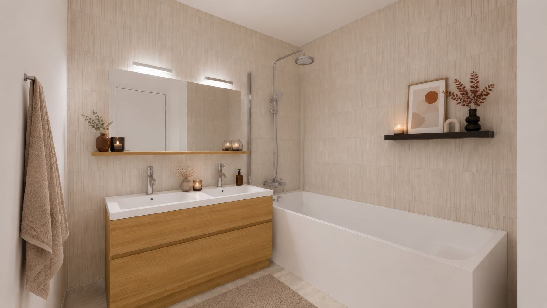 Salle de bains, baignoire et double vasque