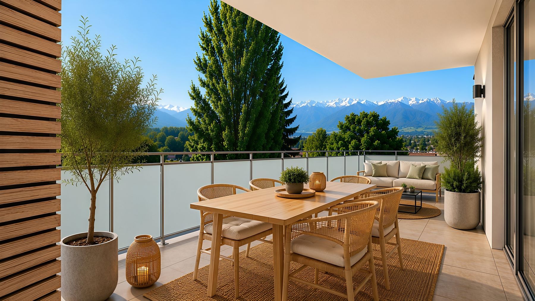 Terrasse du T4 face à la chaîne de Belledonne, table dressée et oliviers