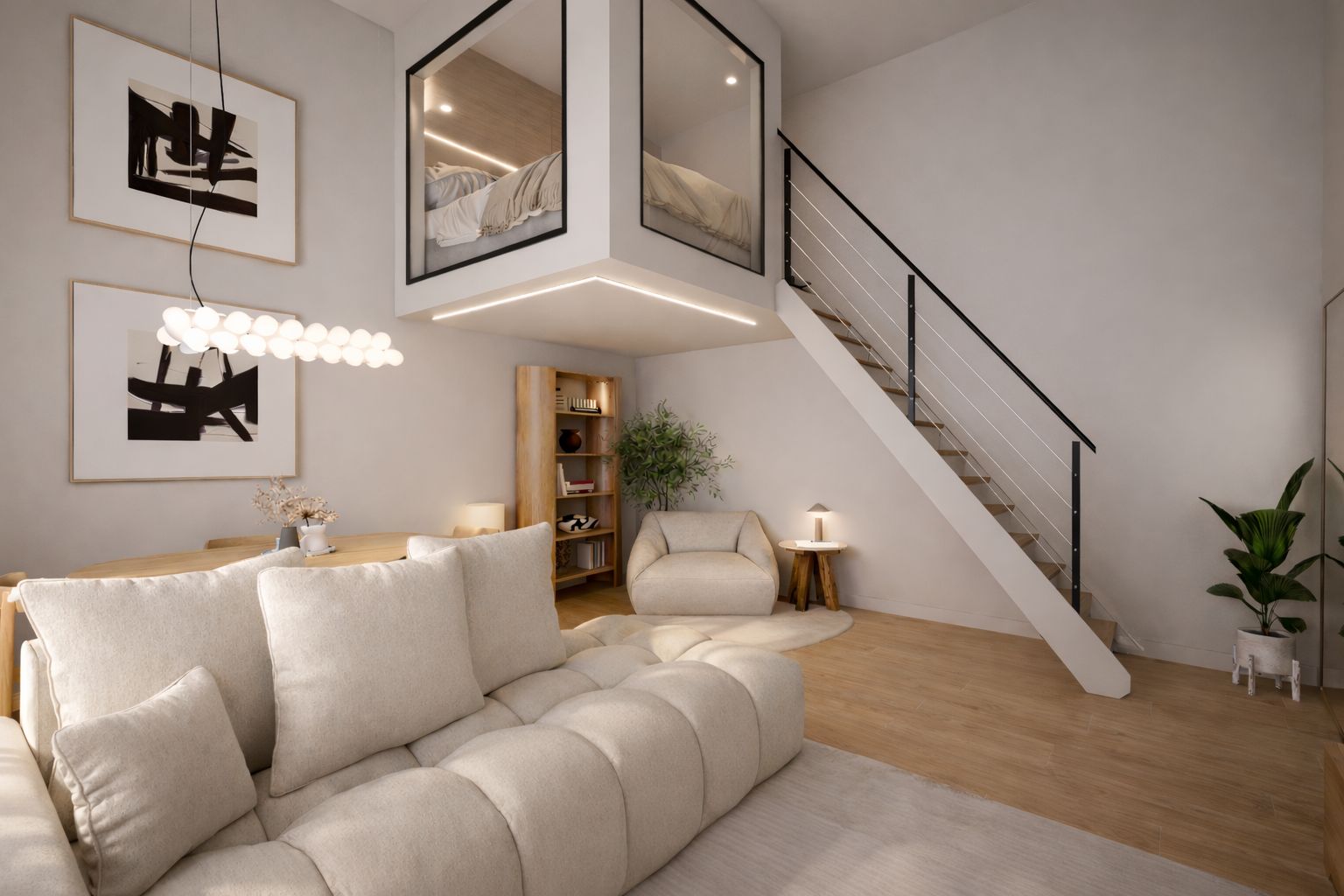 Loft avec chambre en mezzanine vitrée, escalier aérien et canapé crème