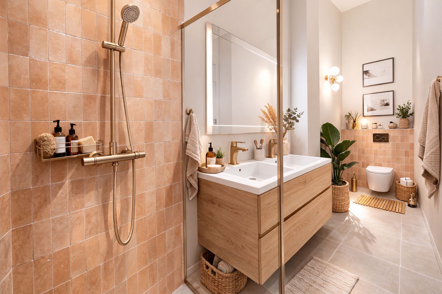 Salle d'eau en 3D : zellige terracotta, double vasque bois