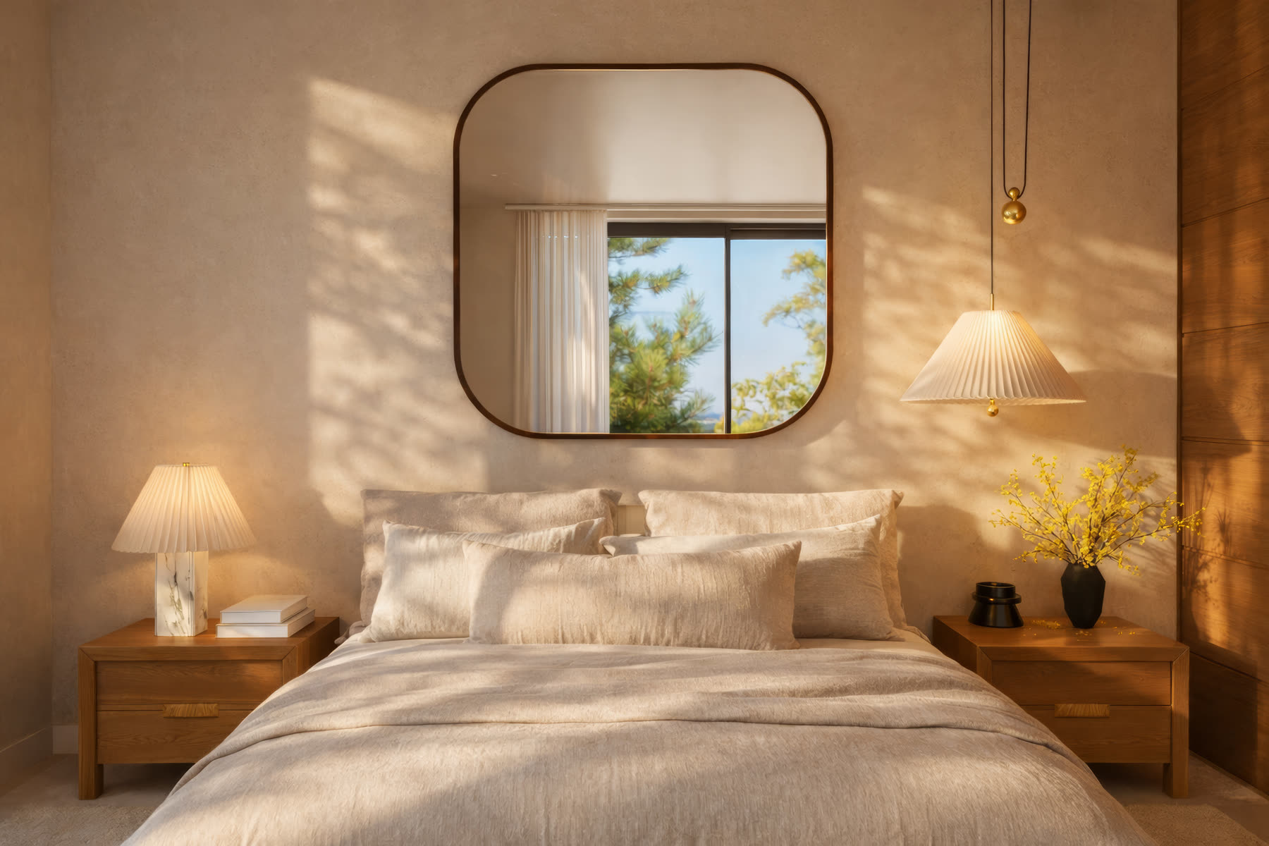 Chambre parentale vue de face, fenêtre sur le jardin dans le miroir