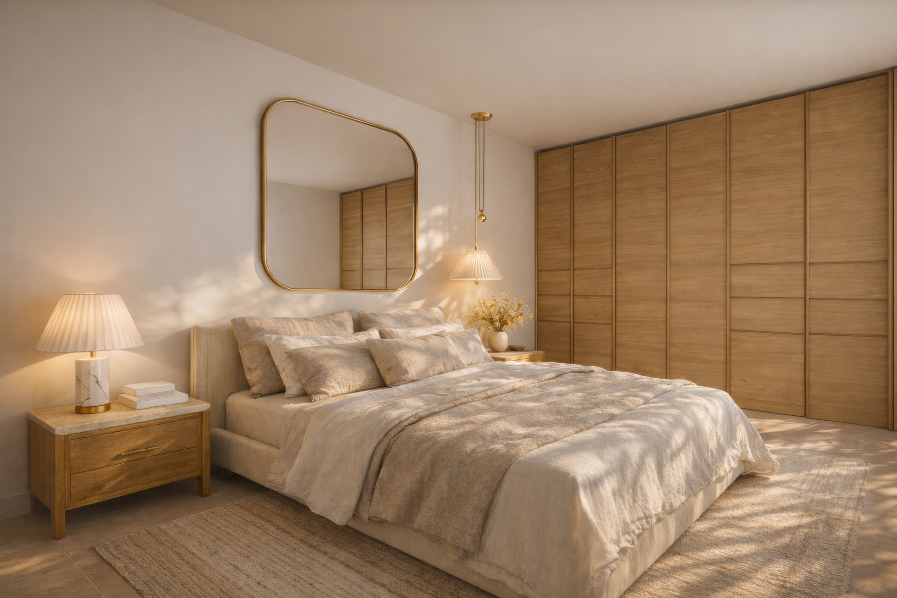 Chambre parentale en journée : miroir arrondi laiton, dressing bois