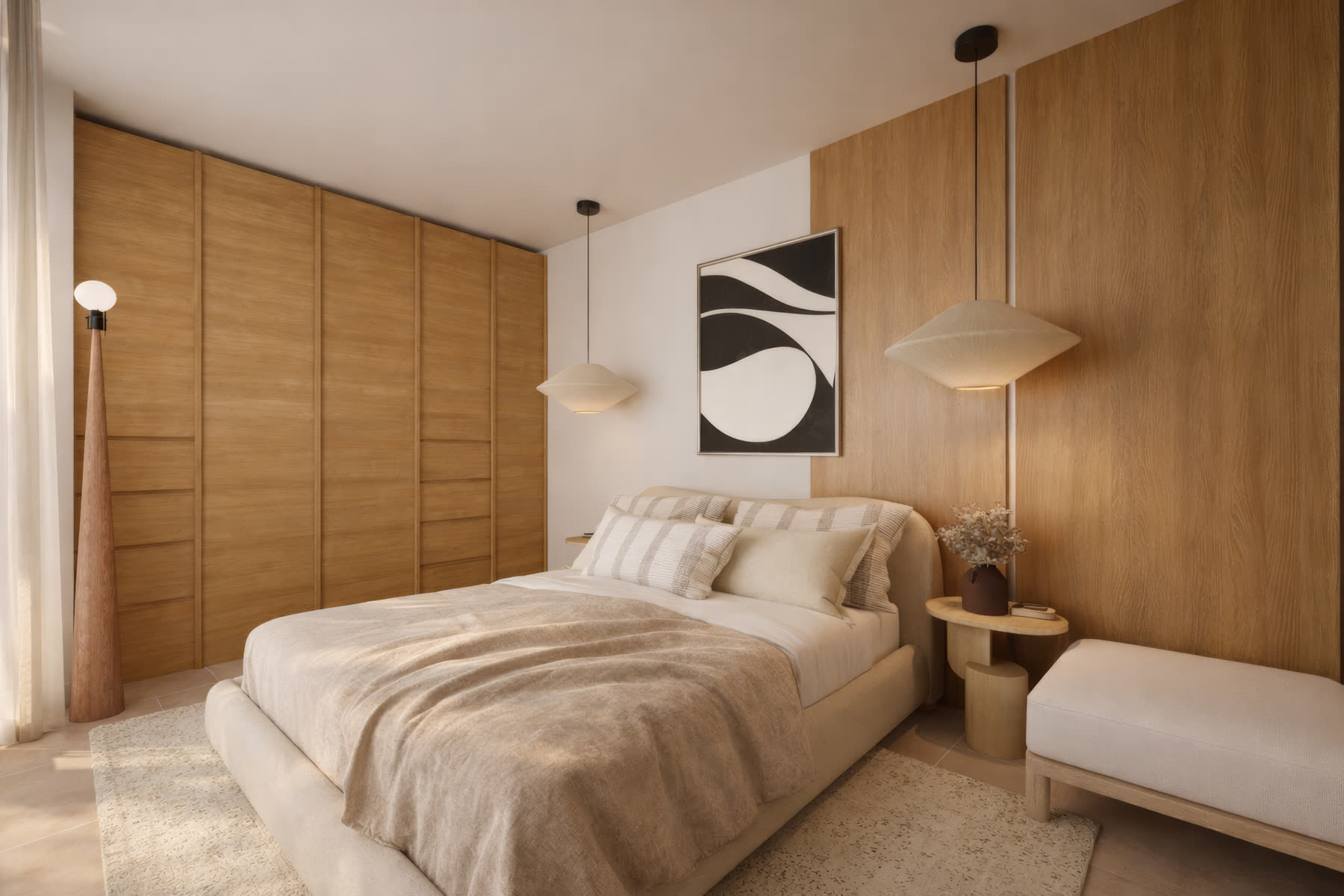 Deuxième chambre en journée : tête de lit en bois, suspensions en tissu