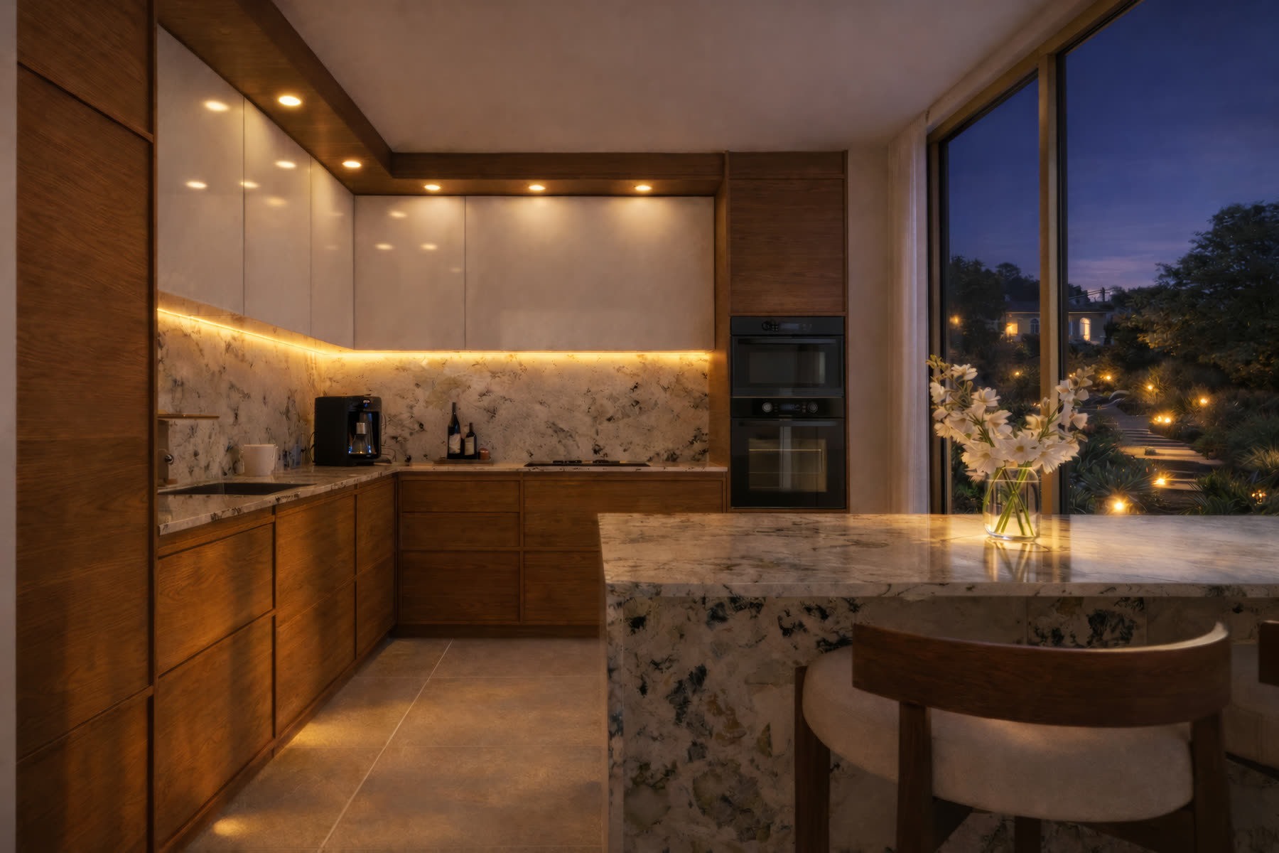 La cuisine de nuit, rubans lumineux sous les meubles hauts