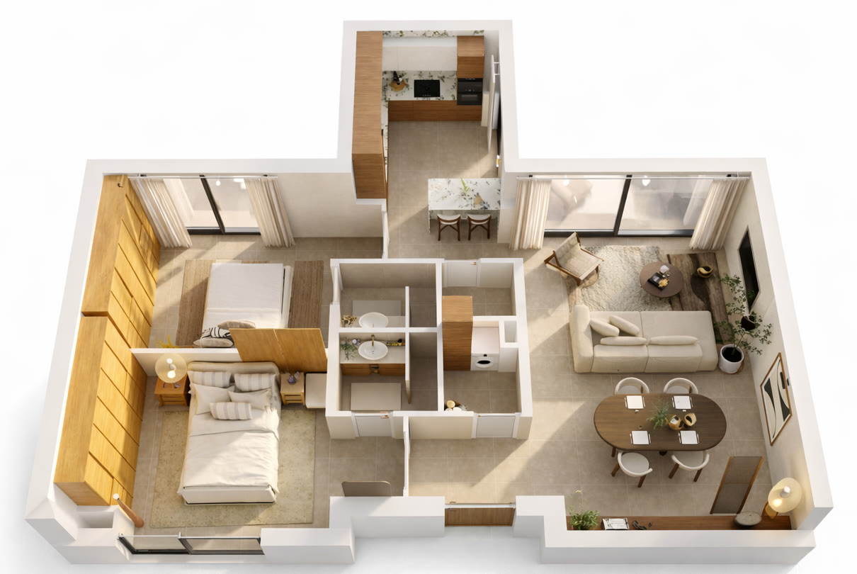 Plan 3D en vue aérienne du T3 meublé : séjour avec coin repas, cuisine avec îlot, deux chambres et salles d'eau