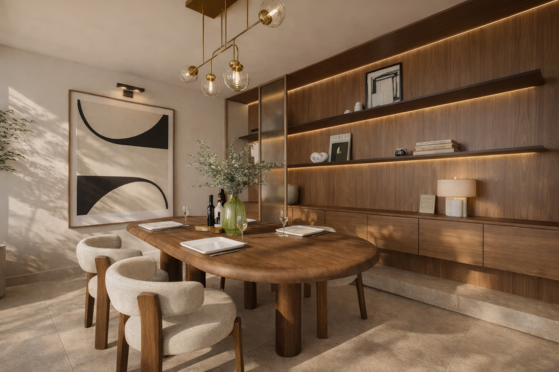 Salle à manger en journée : table ovale en bois, chaises bouclette, suspension laiton