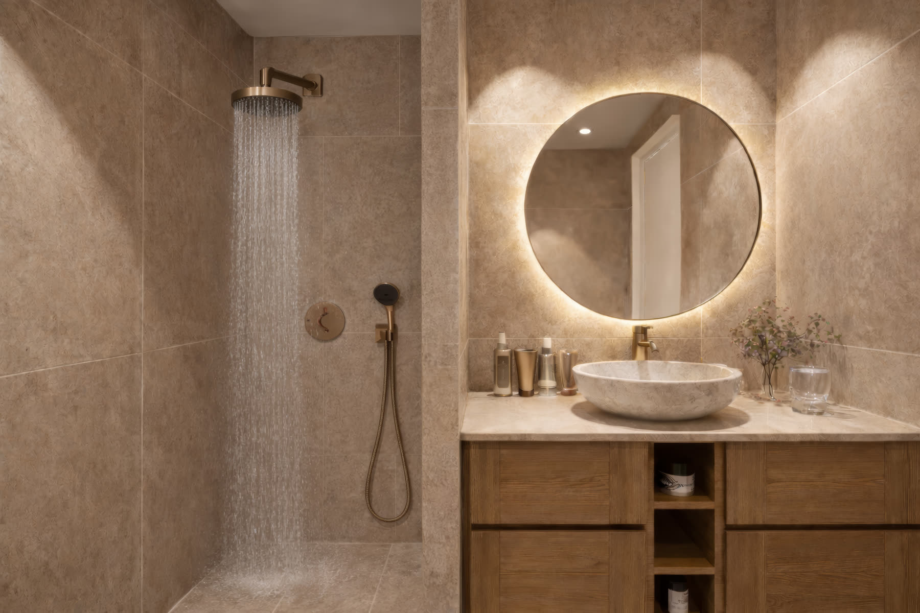 Salle d'eau avec douche à l'italienne, vasque en pierre et miroir rond rétroéclairé