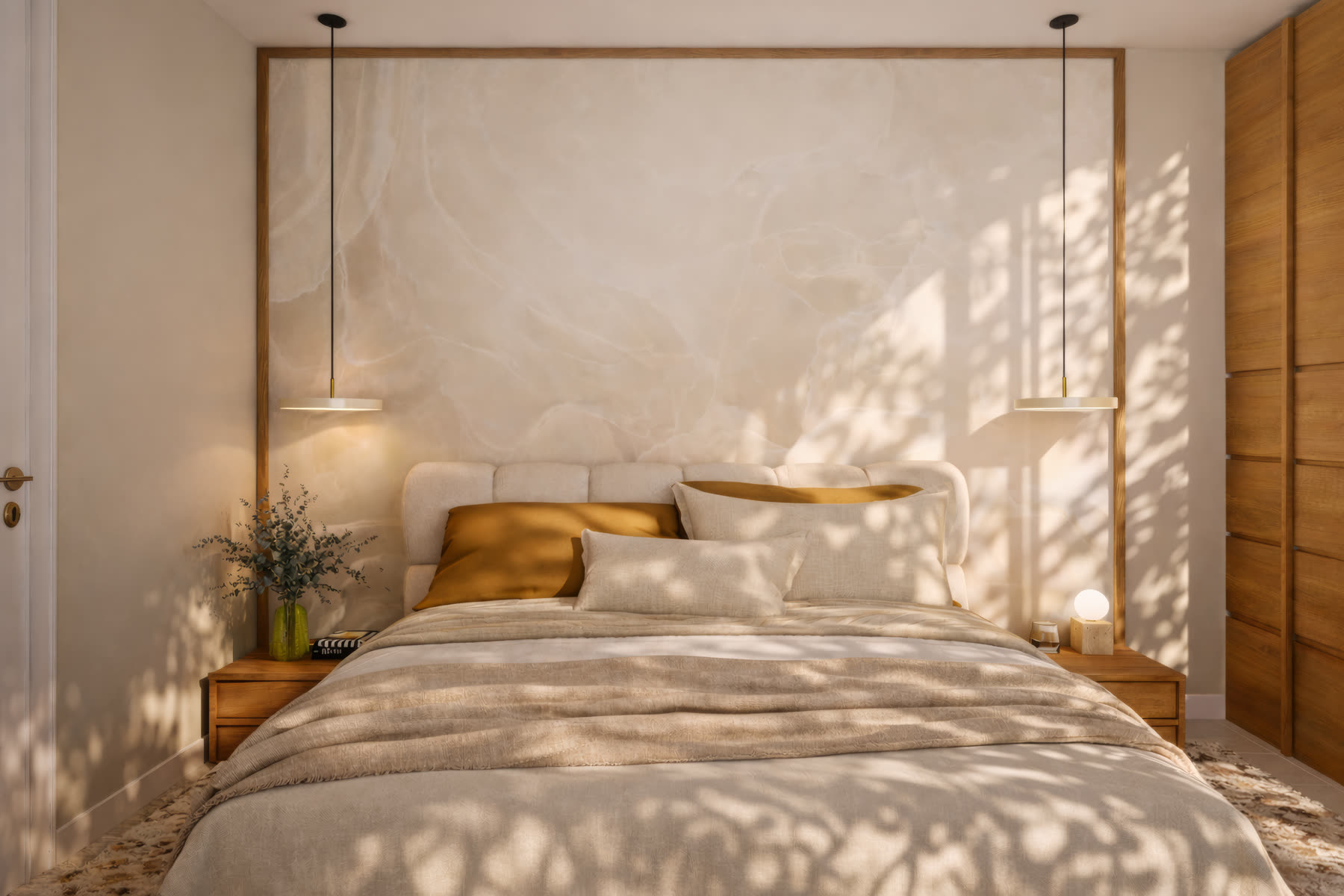 Chambre parentale de face : tête de lit capitonnée devant un mur en onyx encadré de bois