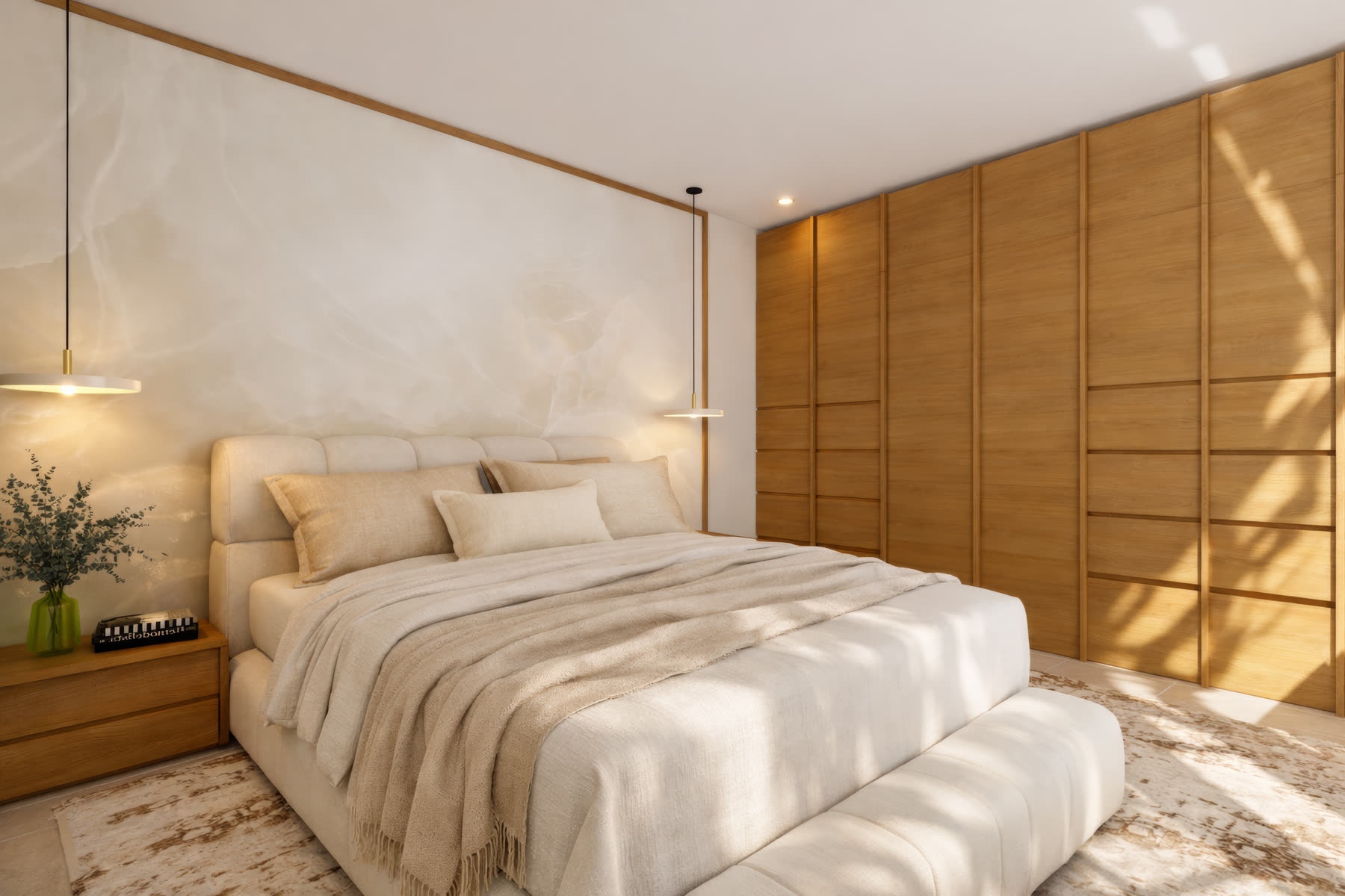 Chambre parentale avec mur en onyx et dressing en bois, en journée
