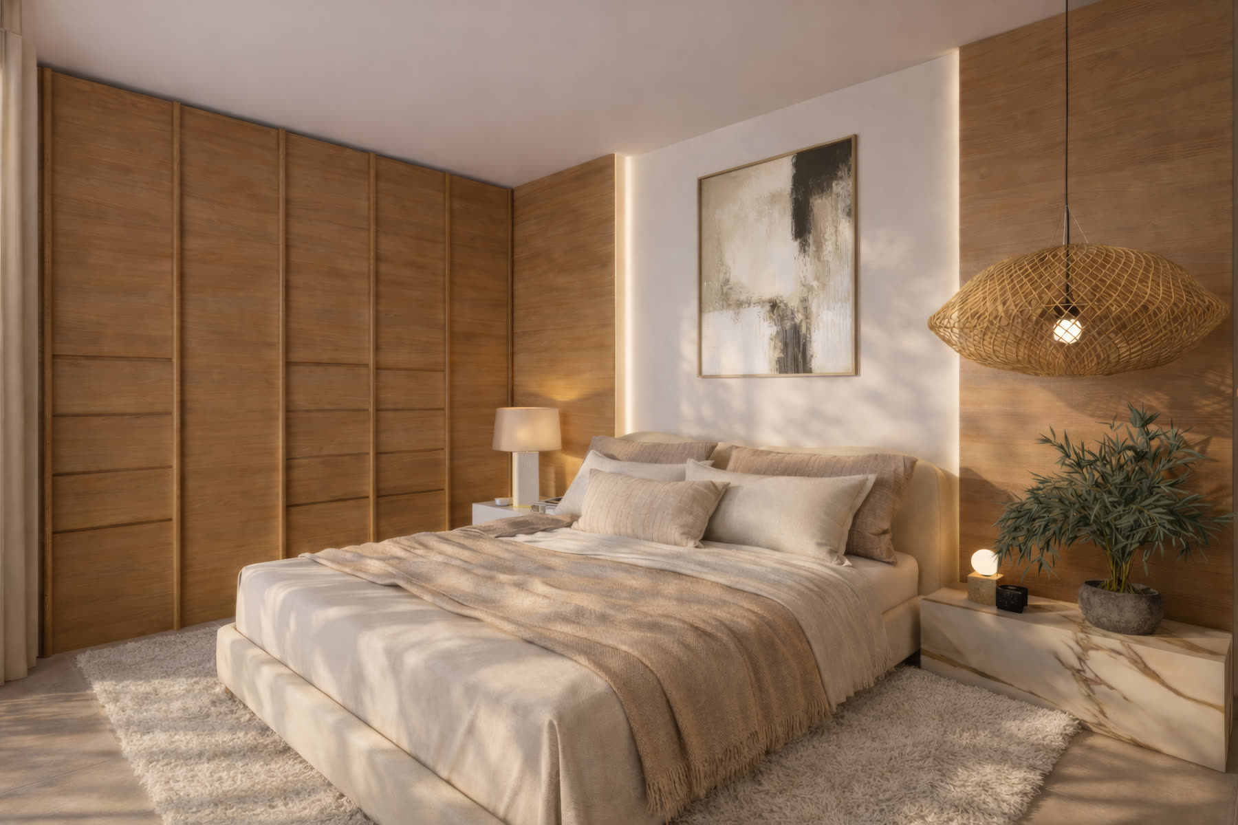 Chambre avec suspension en rotin et chevets en marbre, en journée