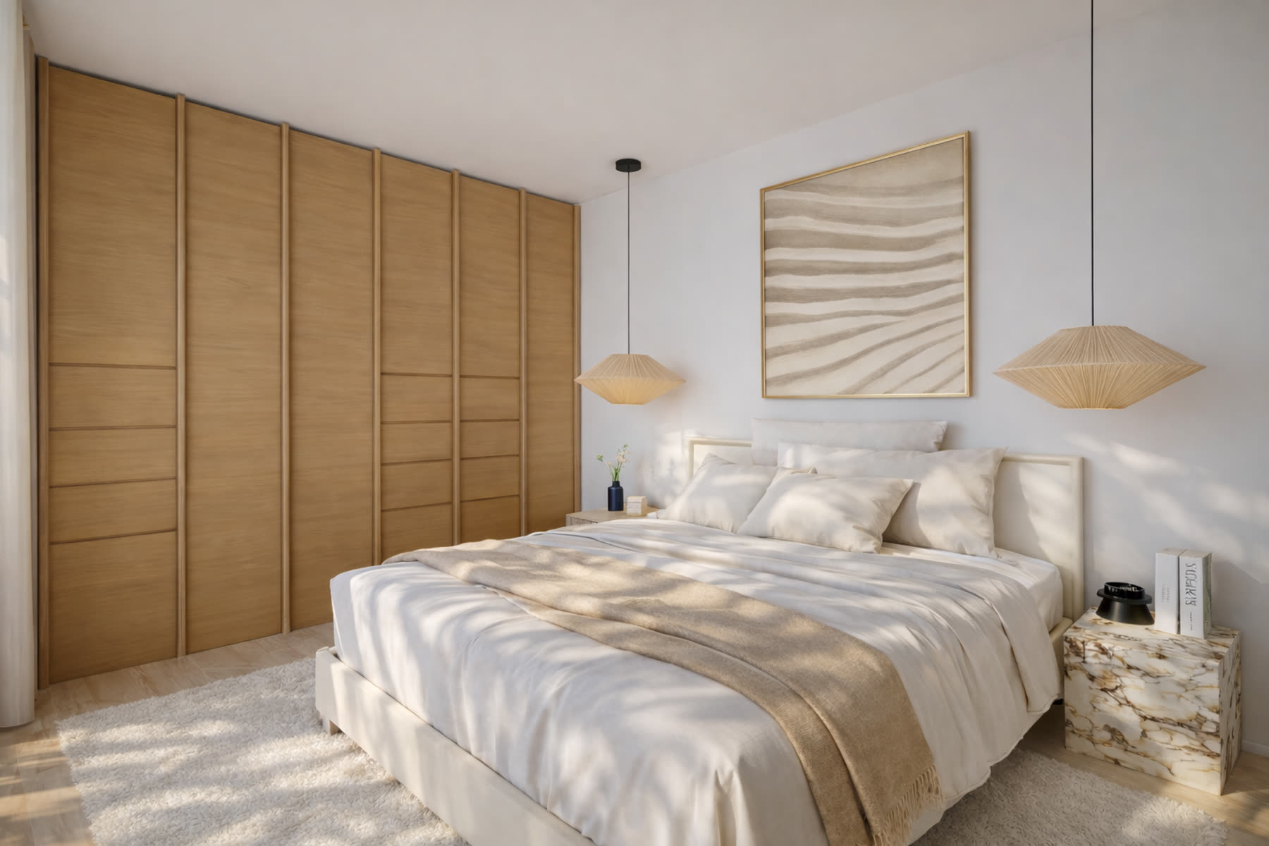 Chambre avec tableau aux lignes de sable et suspensions en papier, en journée