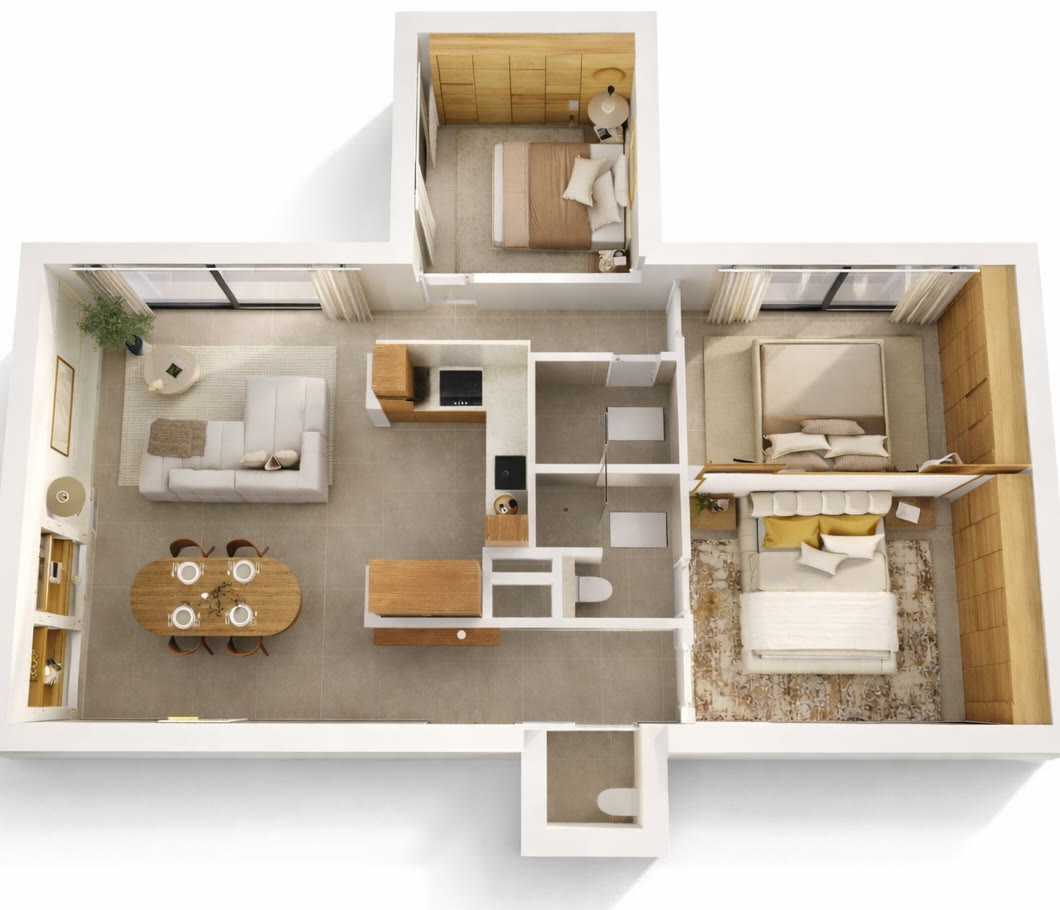Plan 3D en vue aérienne du T4 meublé : séjour avec salon et salle à manger, cuisine en L, trois chambres et salle d'eau