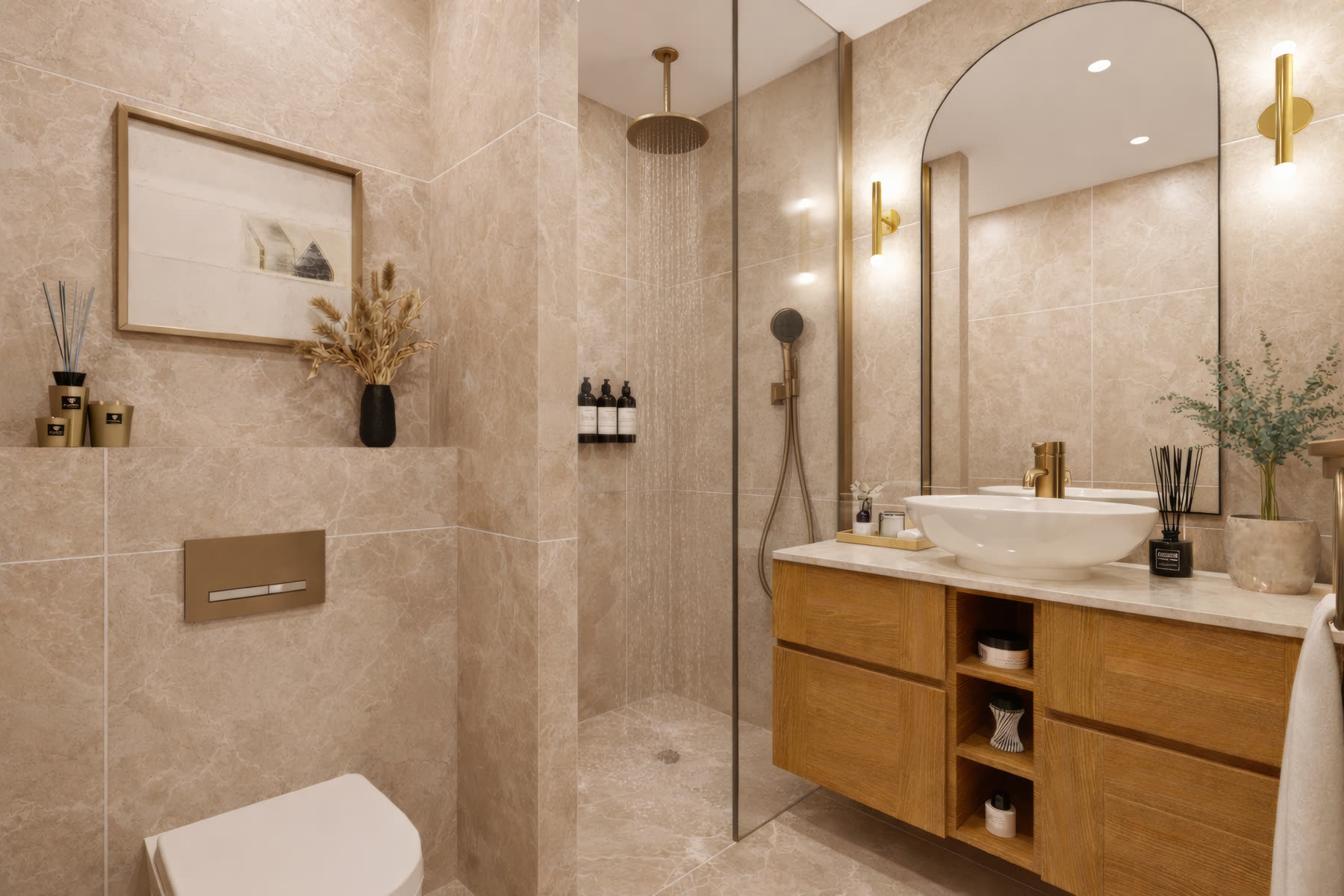 Salle d'eau avec douche à l'italienne, miroir en arche et appliques laiton