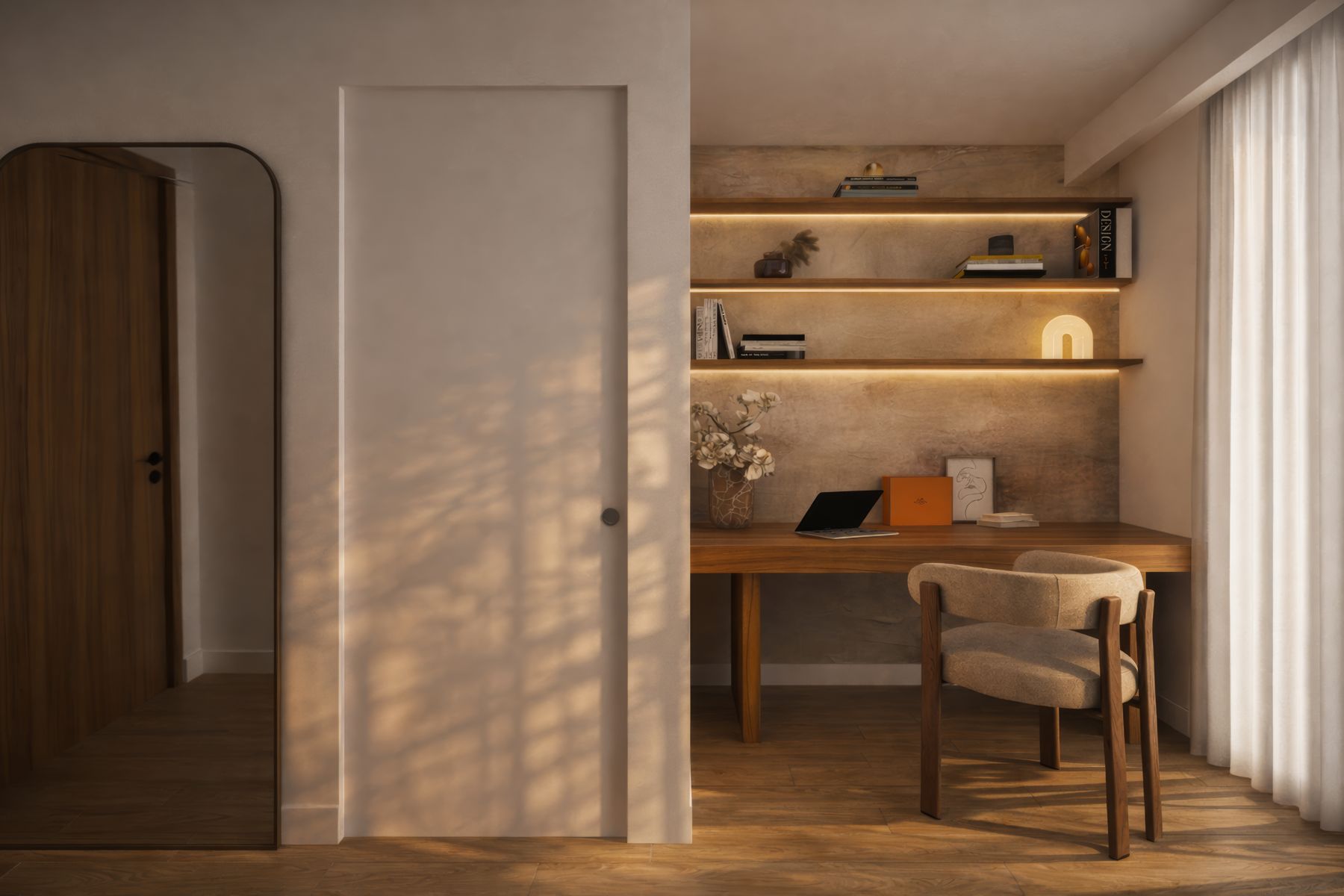 Le coin bureau de la chambre · Coucher du soleil
