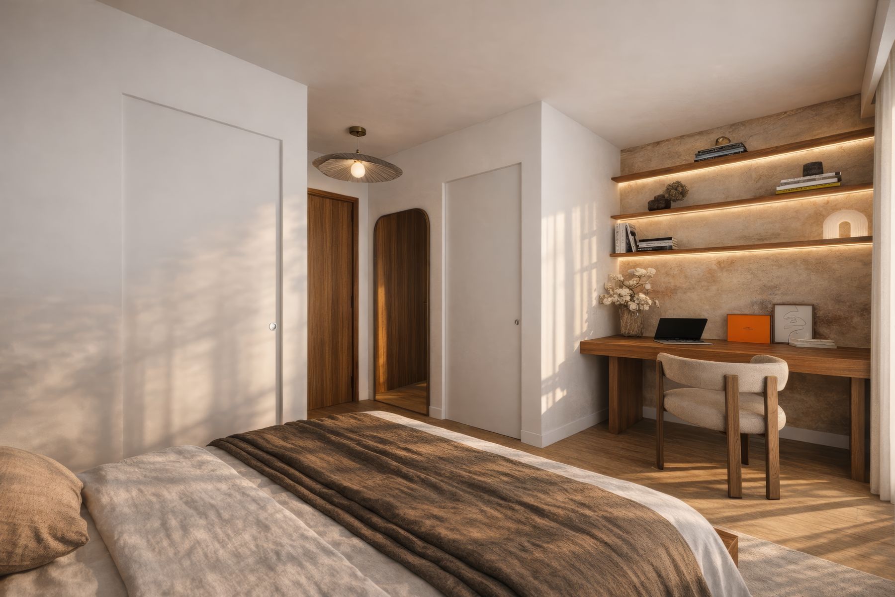 Chambre au coucher du soleil, bureau et étagères