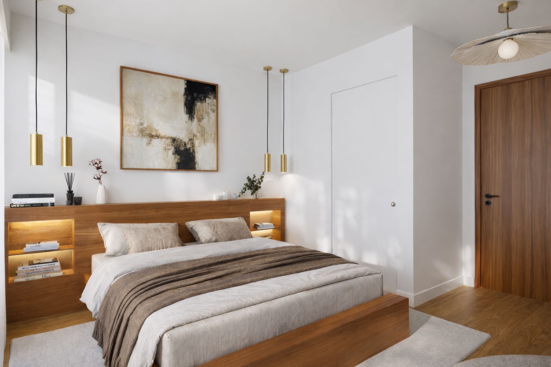 Chambre aménagée, tête de lit bois