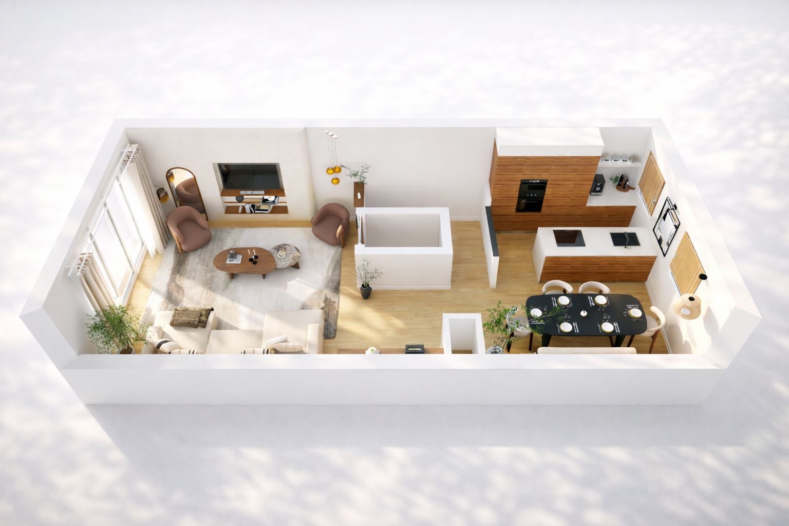 Plan 3D en vue aérienne de la pièce de vie